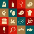 Set Fish, Steak meat in frying pan, Chef hat, Frying, Fried chicken wing, Fire flame, Pepper and icon. Vector