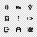 Set Fish steak, Plate, fork and knife, Spoon, Slice of pizza, Hotdog, Chicken egg and Cookbook icon. Vector