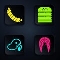 Set Fish steak, Sausage, Grilled steak meat and fire flame and Burger. Black square button. Vector