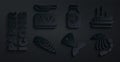 Set Fish tail, Served fish on plate, steak, Shrimp, Sea cucumber in jar and Cutting board and knife icon. Vector