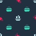 Set Fish, Viking ship Drakkar and Hotdog sandwich on seamless pattern. Vector Royalty Free Stock Photo