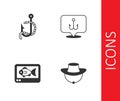 Set Fisherman hat, Fishing hook and worm, finder echo sounder and icon. Vector