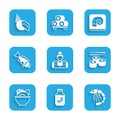 Set Fisherman, Sea cucumber in jar, Shrimp, Sushi, Served fish on bowl, Octopus plate and Scallop sea shell icon. Vector