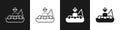 Set Fisherman sitting in a boat and fishing with a rod icon isolated on black and white background. Vector Royalty Free Stock Photo