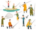 Set of fishermans fishing with fishing rod. Fishing equipment, leisure and hobby catch fish. Fisherman with fish or in Royalty Free Stock Photo