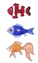 Set of fishes. Goldfish, clownfish and blue fish. Cute fishes. Isolated hand painted watercolor illustrations Royalty Free Stock Photo