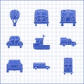 Set Fishing Boat, School Bus, Double Decker Bus, Delivery Cargo Truck Vehicle, Off Road, Car Volkswagen Beetle, And Hot