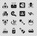 Set Fishing boat, Shark fin soup, Eel fish, head, Octopus of tentacle, Sushi on cutting board, Fisherman and icon Royalty Free Stock Photo