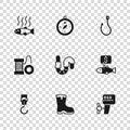 Set Fishing boots, Price tag for fish, Outboard boat motor, Worm, hook, Dead, Compass and Spinning reel fishing icon