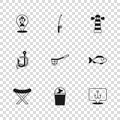 Set Fishing bucket with fish, hook, net, Lighthouse, Location fishing, rod and and worm icon. Vector Royalty Free Stock Photo