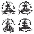 Set of fishing club labels templates. Fisherman silhouette with Royalty Free Stock Photo