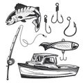 Set of fishing elements for creating your own badges  logos  labels  posters etc. Isolated on white Royalty Free Stock Photo