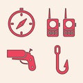 Set Fishing hook, Compass, Walkie talkie and Flare gun pistol icon. Vector Royalty Free Stock Photo