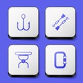 Set Fishing hook, Oars or paddles boat, Camping folding chair and Carabiner icon. White square button. Vector Royalty Free Stock Photo