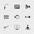 Set Fishing hook, skeleton, float water, Spinning reel for fishing, rod, finder echo sounder and Dried icon. Vector