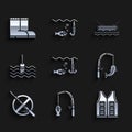 Set Fishing hook under water with fish, rod and, jacket, No fishing, float, boat on and boots icon. Vector