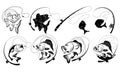 Set of fishing illustrations. Collection of fish hooked. Black white vector illustration for fishing. Tattoo.