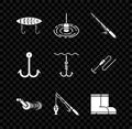 Set Fishing lure, float water, rod, Spinning reel for fishing, and, boots, hook and under icon. Vector Royalty Free Stock Photo