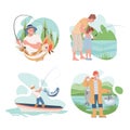 Set of fishing people vector flat illustration. Men catching fish in the lake, spending summer weekend or vacation.