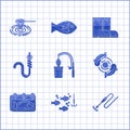 Set Fishing rod and fish, hook under water with, line float, Calendar, worm, boots and net icon. Vector Royalty Free Stock Photo