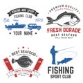 Set of fishing and seafood badges, logos, labels, sticker. Vector. For emblem, sign, patch, shirt, menu restaurants with