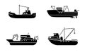 Set of fishing ships. Sea trawler vessel. Fishing boats side view