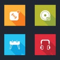 Set Fitness app, Weight plate, Pommel horse and Headphones icon. Vector