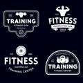 Set of fitness badges with sport equipment and people. Labels in vintage style with sport silhouette symbols