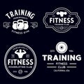 Set of fitness badges with sport equipment and people. Labels in vintage style with sport silhouette symbols