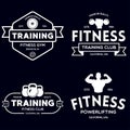 Set of fitness badges with sport equipment and people. Labels in vintage style with sport silhouette symbols