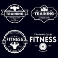 Set of fitness badges with sport equipment and people. Labels in vintage style with sport silhouette symbols