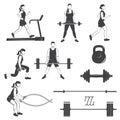 Set of fitness girls with fitness equipments silhouette