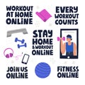 Set of fitness lettering and illustrations. Cute elments and motivational quotes. Royalty Free Stock Photo