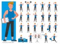 Set of Fitness trainer character vector design. Man dressed in sports clothes. Presentation in various action with emotions,