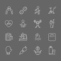 Set of Fitness Vector Line Icons. Includes running, yoga, dumbbell, bottle and more. In gray background Royalty Free Stock Photo