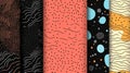 Set of five abstract seamless patterns with various textures and shapes lines, dots, circles, waves