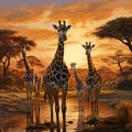 Set of five african giraffes in different posings