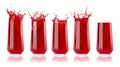 Set of five berry red cold juices in glass with reflection, calm and with bright splashes, drops flying, swirl isolated on white Royalty Free Stock Photo