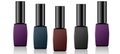 Set of five bottles of nail polish in different colors, illustration of varnishes in violet, brown, black and dark blue colours,