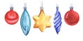 A set of five Christmas tree decorations. Spiral Christmas icicle. An elongated blue ornament, two red glass balls, a Christmas st