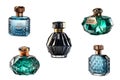 Set of five colored perfume bottles isolated on white background. Generative AI