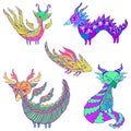 Set of five colorful fantasy Dragons. Each dragon is unique, with its own colors and patterns, wings, horns and tails.