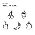 Set of five colorful outline Healthy Food icons, fruits symbols, vector pictograms