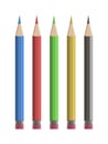 Set of five coloured pencils, black, blue, green, yellow and red, isolated on white background Royalty Free Stock Photo