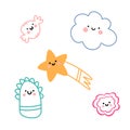 A set of five cute characters. Manually drawn various kawaii objects. Modern fashion vector illustrations in Doodle