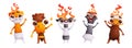 Set of five cute characters Medieval torches with burning flames. Emotional Antique torches of different shapes with Royalty Free Stock Photo