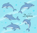 Set of five cute dolphins on sea background. Vector illustration.