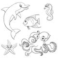 Set five cute marine animal black contour Royalty Free Stock Photo