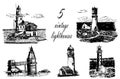 Set of five drawings of sea lighthouses, sketch illustration