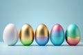 Set of five Easter Eggs in a row on a blue background. Decorative Eggs Elegantly painted in iridescent colors